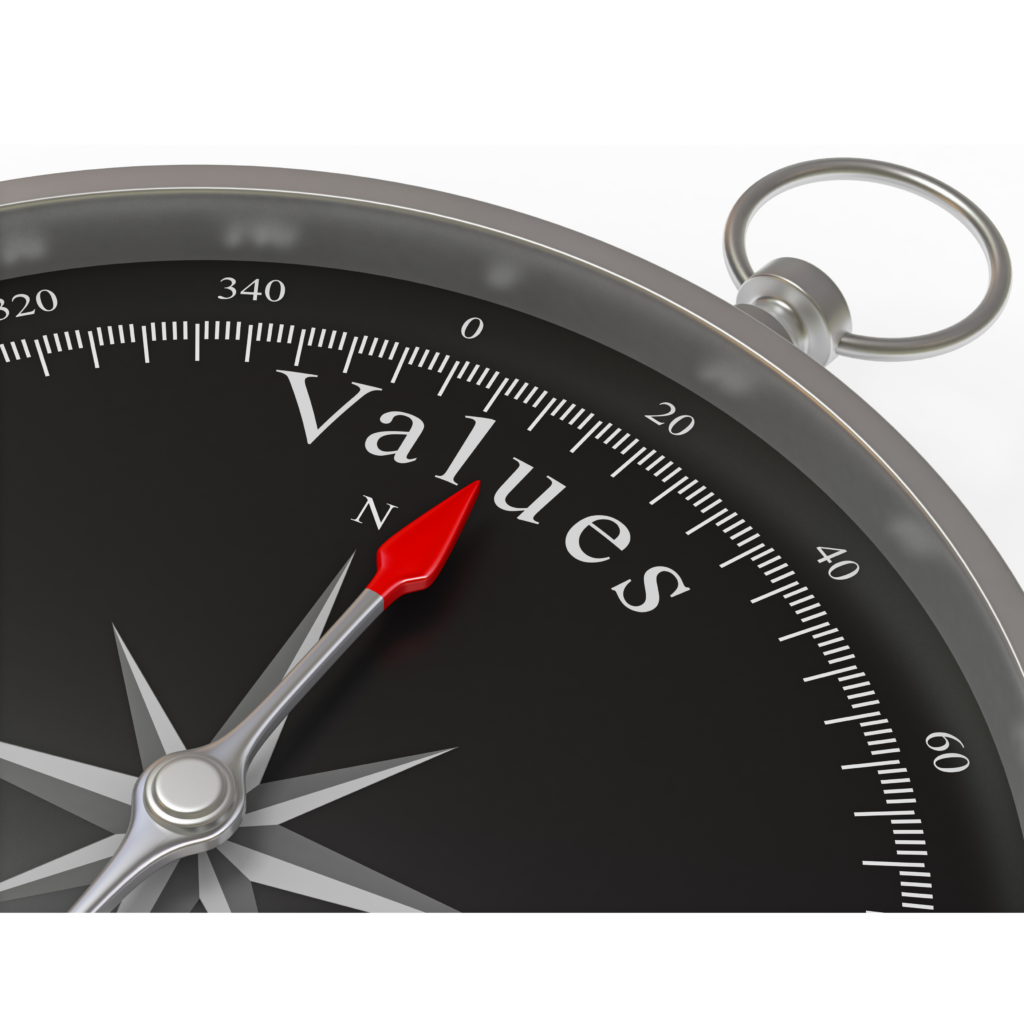 Kompas met de naald op het woord values